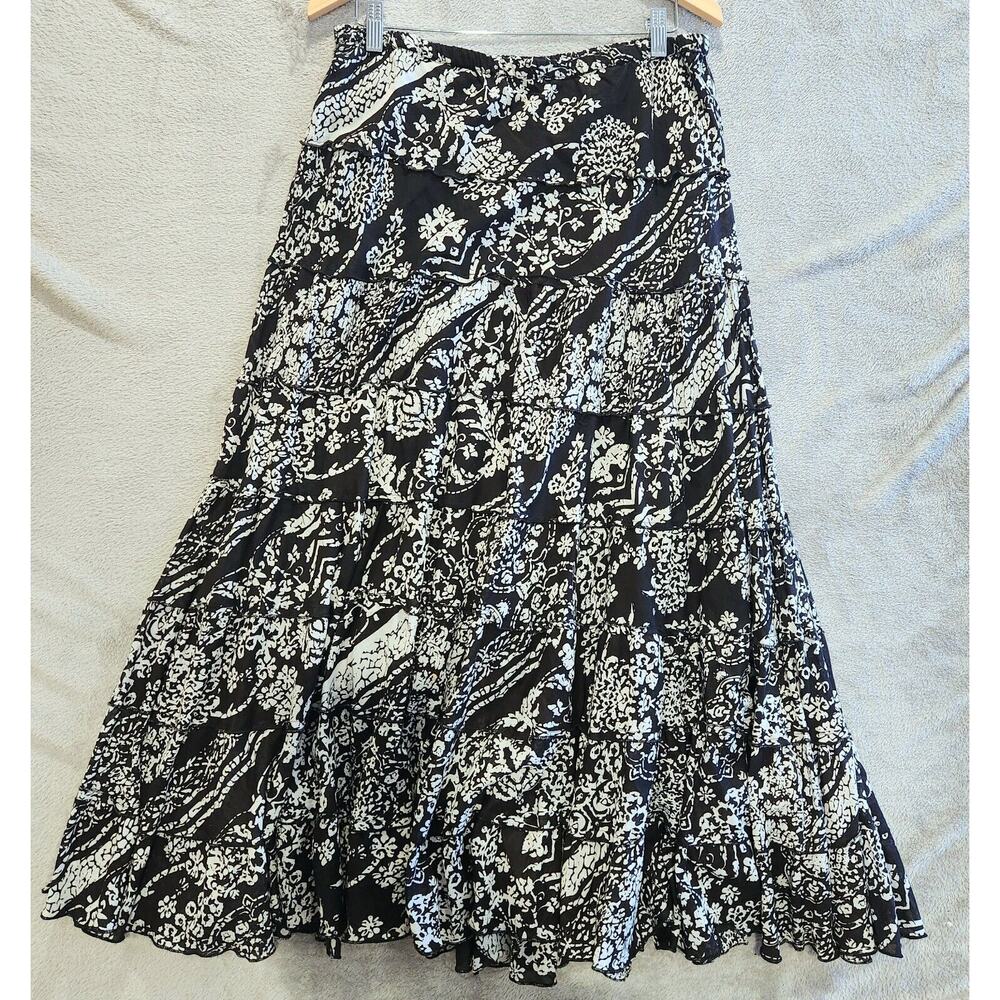 Bila Womens Black White Floral Tiered Maxi Skirt Size Large Cottagecore Boho
